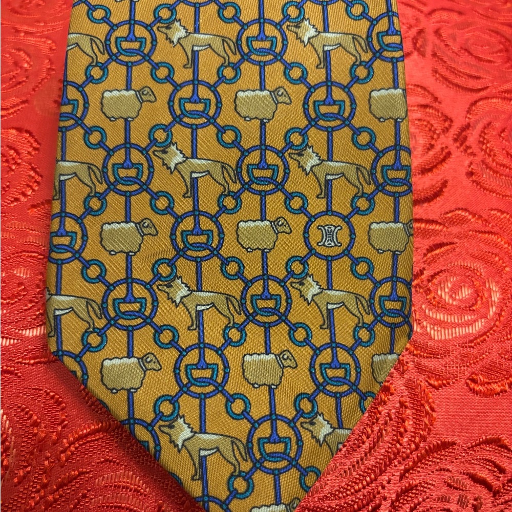 Celine Paris Silk Tie with Dog and Chain Pattern